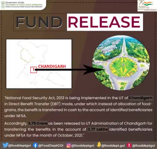 Fund released to UT Administration of Chandigarh under NFSA. 

#DFPD #NFSA #Chandigarh #funds #food #October #benefits