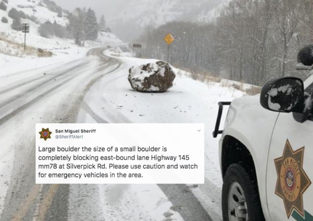 US police writes 'large boulder the size of a small boulder'; tweet