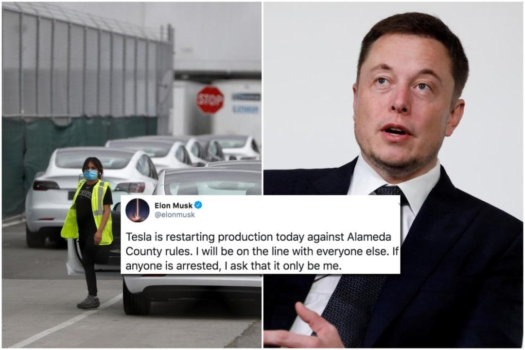 Elon Musk defies lockdown order to reopen Tesla factory, says 'arrest