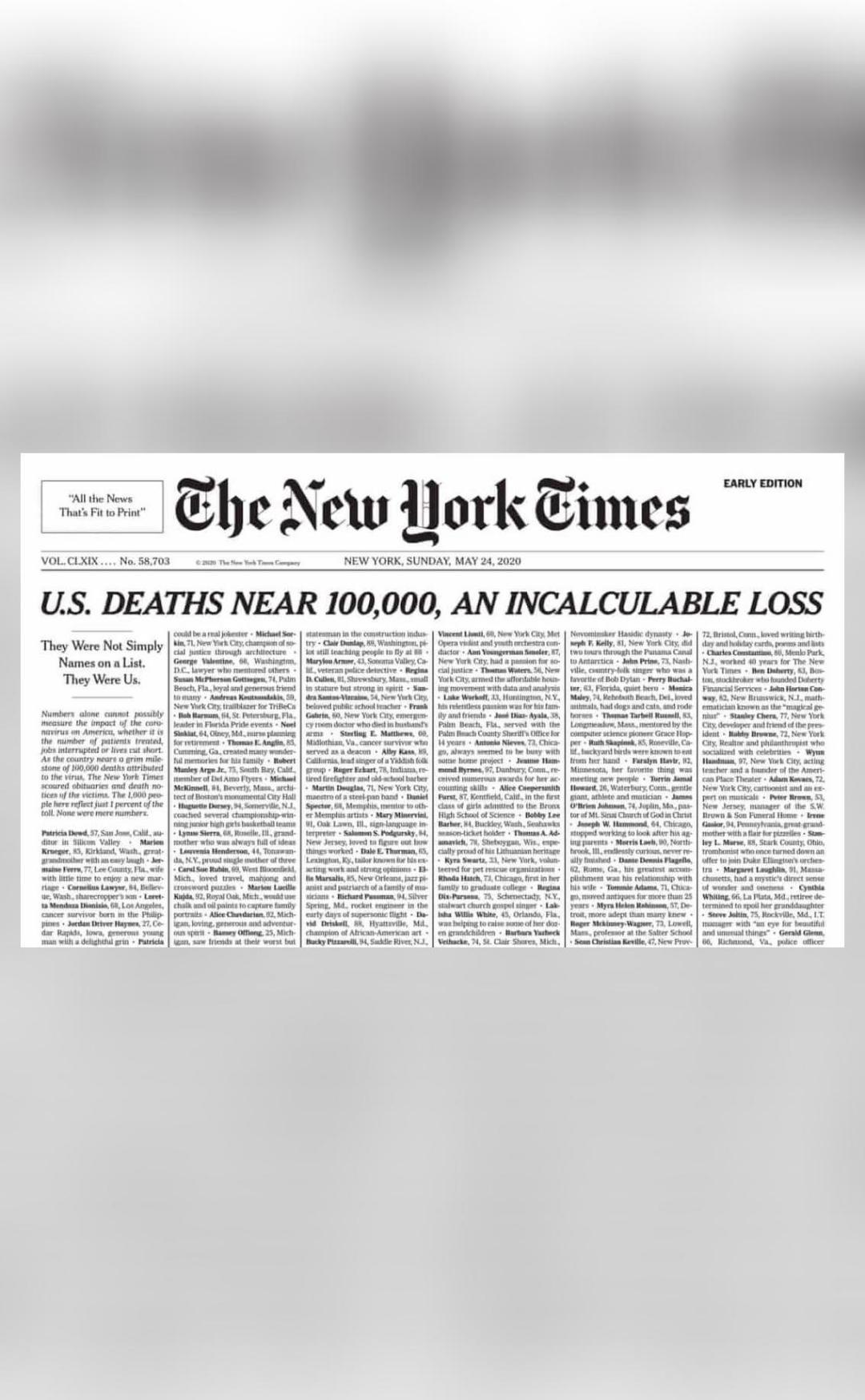 NYT covers front page with COVID-19 death notices, publishes names of ...