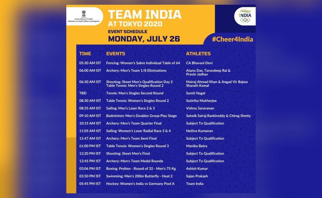 What is India's schedule at Tokyo 2020 Olympics for tomorrow?