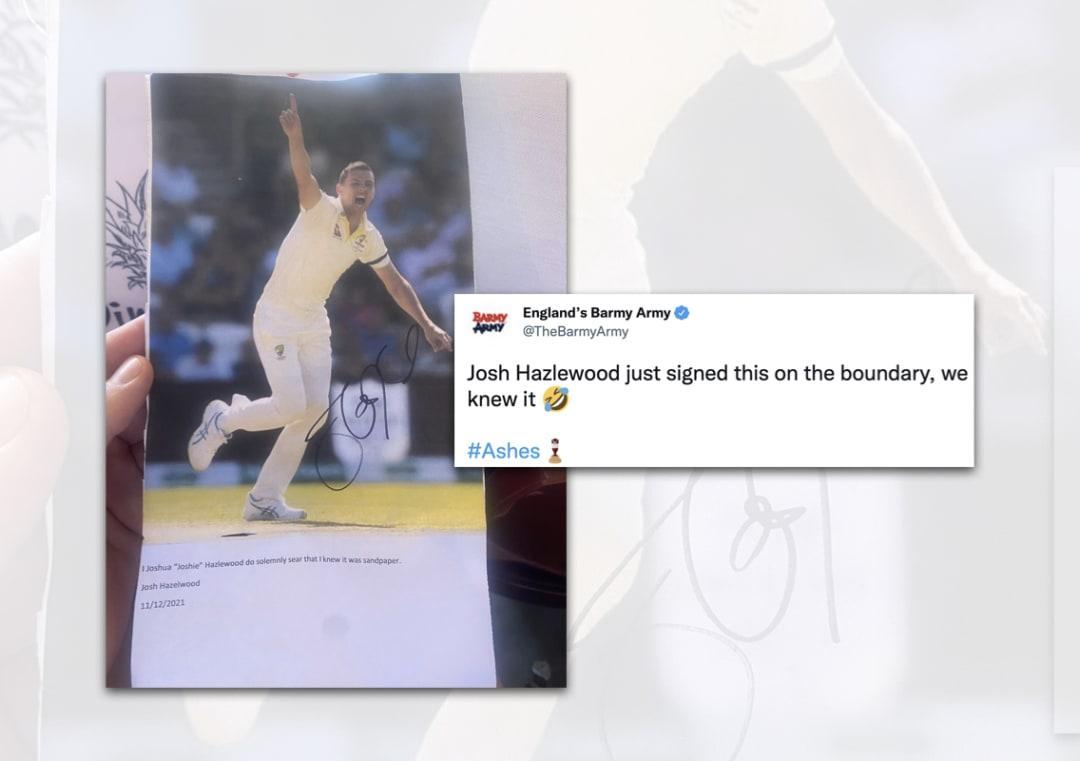 Hazlewood pranked by Barmy Army with hidden text on autograph paper, pic goes viral