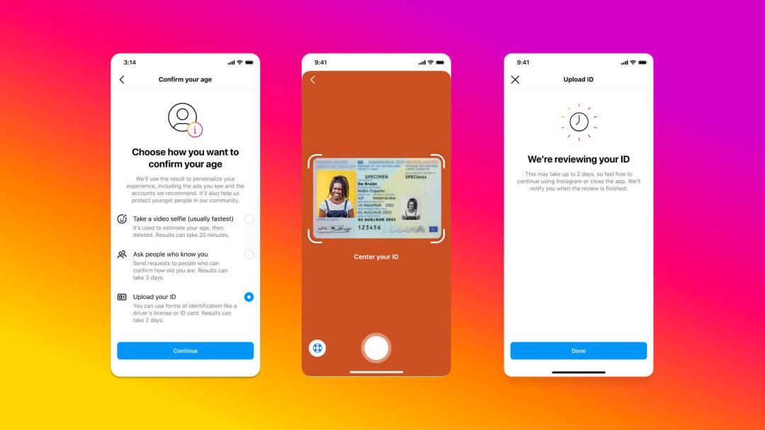 Instagram での年齢確認の新しいプロセスを示す一連の 3 つの製品のモバイル スクリーンショット。すべて明るい色のグラデーションの背景にあります。