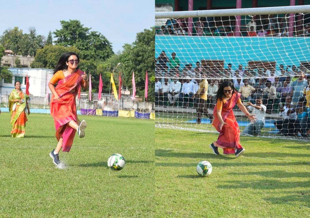 Mahua Moitra plays football in a saree with sports shoes & sunglasses