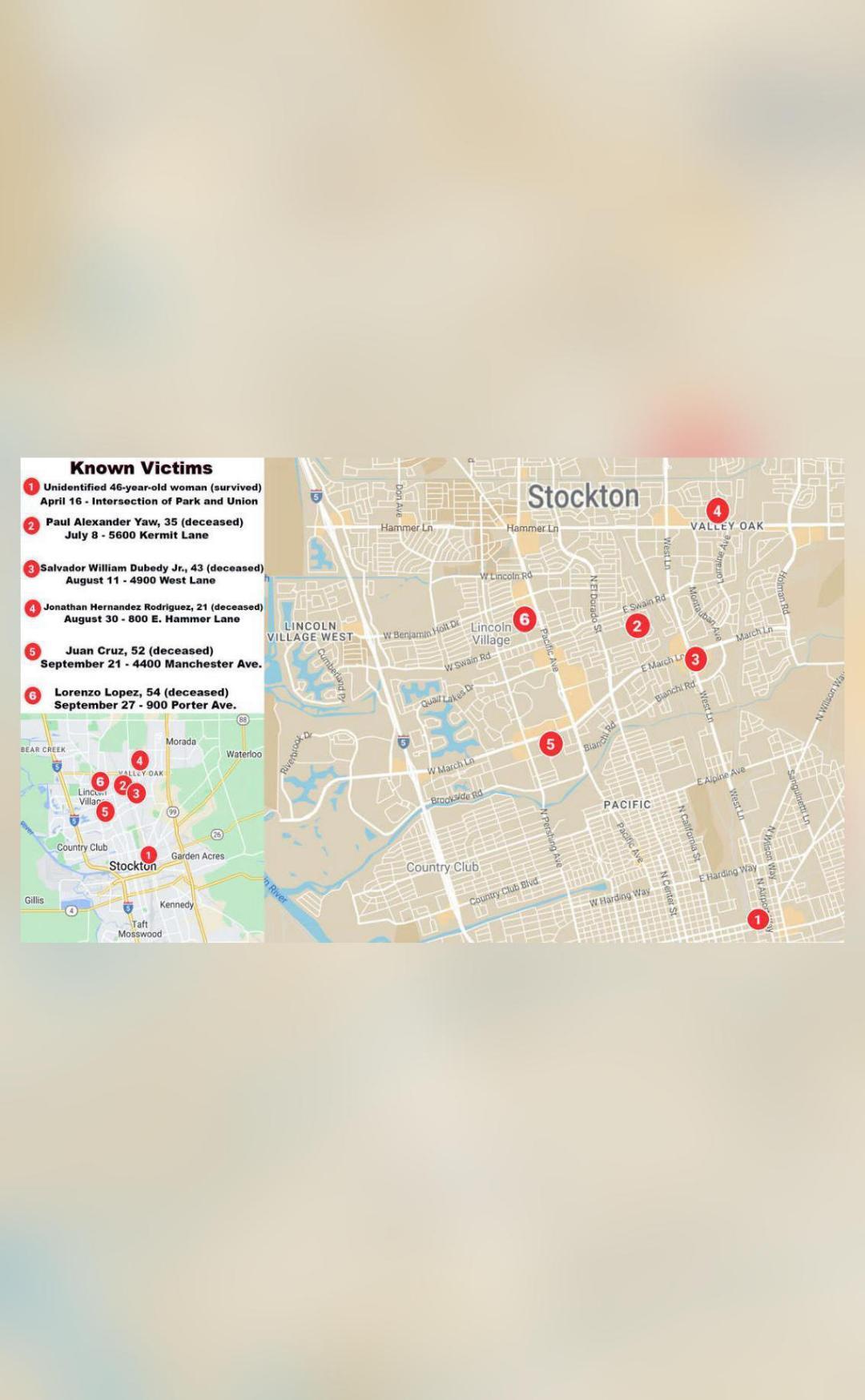 Map shows where Stockton serial killer has attacked his victims