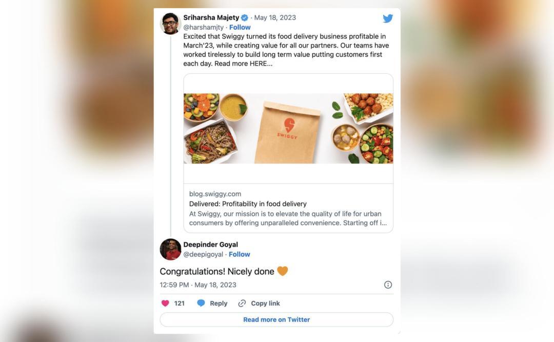 Nicely done: Zomato's CEO to Swiggy CEO on business profitability