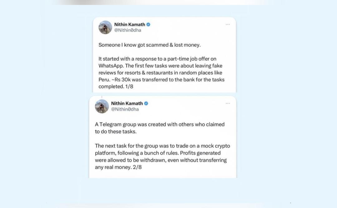 Zerodha CEO alerts of a new part-time job scam after friend loses ₹5 lakh