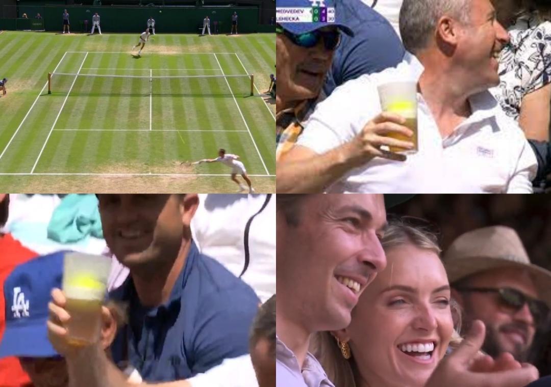 Ball lands in fan's beer pint, spectators laugh as he raises glass