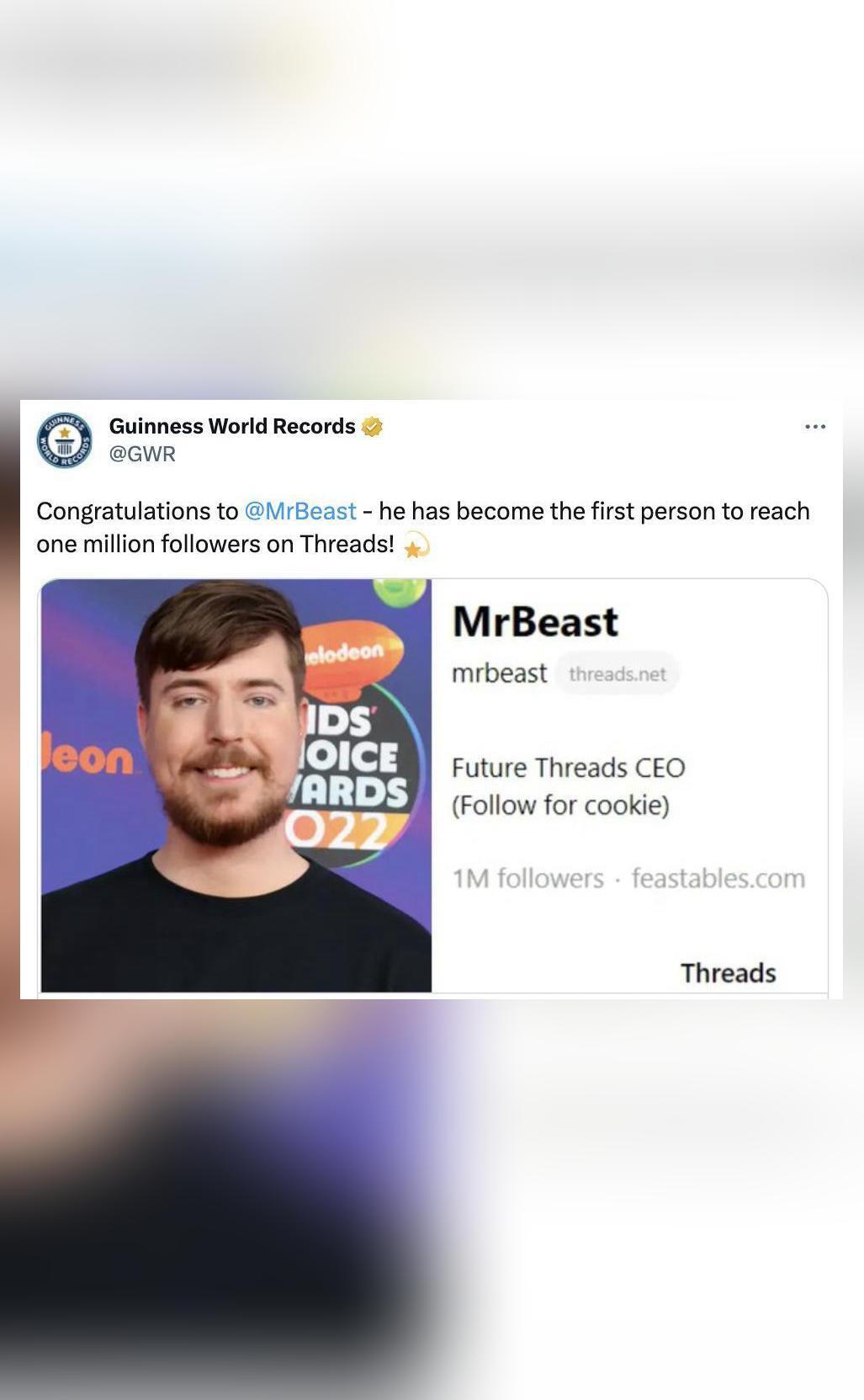 MrBeast becomes first person to reach million followers on Threads