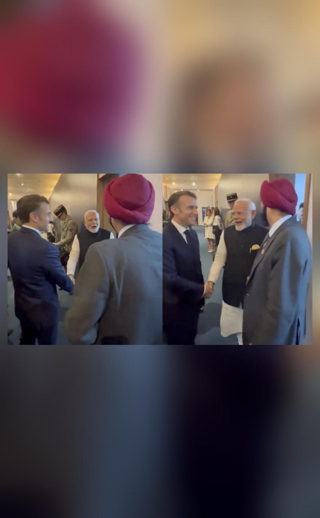 Macron, Modi, and Banga meet; a warm hug symbolizes strong ties.