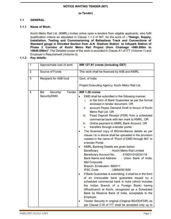 KMRL invites bids for track work contract of Kochi Metro Phase 2 