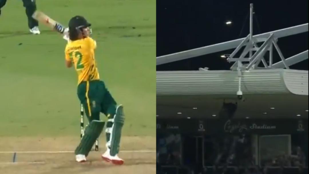 Video: Dewald Brevis send ball crashing into Cazaly's Stadium roof