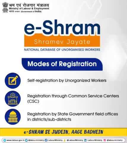 Unorganised Workers can register on e-SHRAM Portal through three modes.

#ShramevJayate