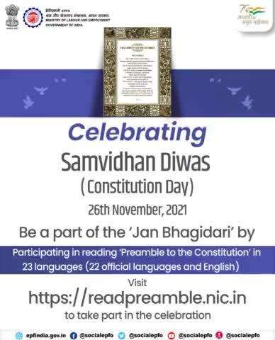 Let’s celebrate #SamvidhanDiwas (Constitution Day) on 26th November by participating in reading ‘Preamble to the Constitution’ in 23 languages. Visit readpreamble.nic.in to take part in the celebration.