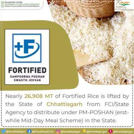 Fortified #RICE is lifted by the State of #Chhatisgarh from FCI/State Agencies to distribute under PM-POSHAN the State.