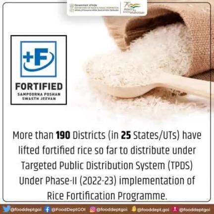 More than 190 Districts (in 25 States/UTs) have lifted #fortifiedrice so far to distribute under Targeted Public Distribution System (TPDS) Under Phase-II (2022-23) implementation of Rice Fortification Programme.