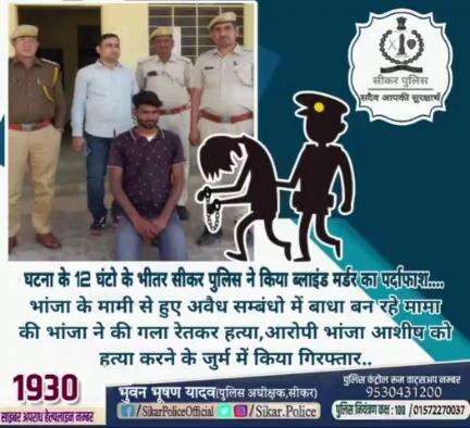 #सीकर 
🔸 घटना के 12 घंटो के भीतर सीकर पुलिस ने किया ब्लाइंड मर्डर का पर्दाफाश.
🔸भांजा के मामी से हुए अवैध सम्बंधो में बाधा बन रहे मामा की भांजा ने की गला रेतकर हत्या,आरोपी भांजा आशीष गिरफ्तार.
#थाना_खंडेला