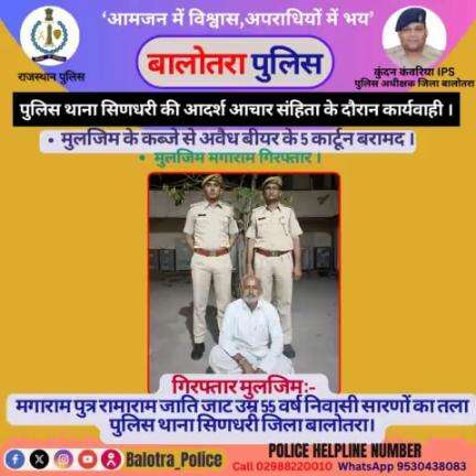 #Balotra: पुलिस थाना सिणधरी की #MCC के दौरान कार्यवाही ।

मुलजिम के कब्जे से अवैध बीयर के 5 कार्टून बरामद

मुलजिम मगाराम गिरफ्तार।