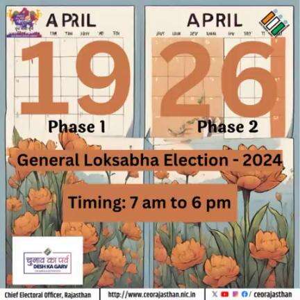 19 एवं 26 अप्रैल को मतदान अवश्य करें।
मतदान समय : प्रातः 7:00 बजे से सायं 6:00 बजे तक
#ECI #DeshKaGarv #ChunavKaParv #Elections2024 #IVote4Sure
#DIPRRajasthan