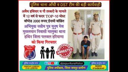 पुलिस थाना #आँधी व DST टीम ने अवैध हथियार व गौ तस्करी के मामले में 12 वर्ष से फरार अभियुक्त नसीम मेव को किया गिरफ्तार।