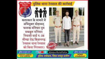 पुलिस थाना #रेनवाल ने #बलात्कार के मामले में अभियुक्त मोहम्मद फारुख मनियार थाना रेनवाल को किया गिरफ्तार।