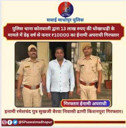 #सवाईमाधोपुर 13  लाख रुपए की धोखाधड़ी के मामले में डेढ़ वर्ष से फरार अपराधी गिरफ्तार