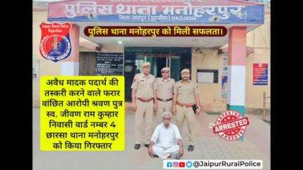 पुलिस थाना #मनोहरपुर ने अवैध मादक पदार्थ #गांजा की तस्करी करने वाले फरार वांछित आरोपी श्रवण कुम्हार को किया गिरफ्तार।