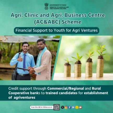 Financial Support to #Youth for Agri Ventures

Under Agri Clinic & Agri Business Centre(AC&ABC) Scheme credit support is provided to trained candidates through Commercial/Regional & Rural Cooperative ban