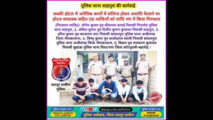 पुलिस थाना #शाहपुरा ने अशांति फैलाने पर होटल संचालक सहित 05 व्यक्तियों को #शांति_भंग में किया गिरफ्तार।