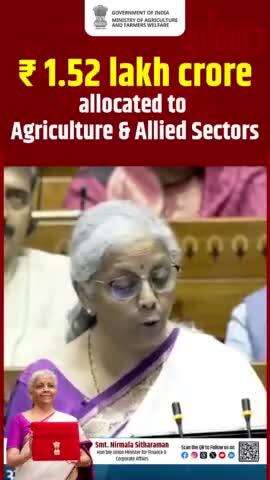 "₹1.52 lakh crore allocated to #Agriculture & Allied Sectors"

- Smt Nirmala Sitharaman, Hon'ble Union Minister of Finance & Corporate Affairs (#UnionBudget2024-25, New Delhi)