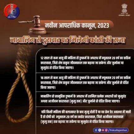 महिलाओं के सम्मान और न्याय के प्रति समर्पित है #नवीन_आपराधिक_कानून, 2023।

#भारतीय_न्याय_संहिता के अनुसार, नाबालिग से सामूहिक दुष्कर्म पर आजीवन कारावास या मृत्युदंड से किया जाएगा दंडित।