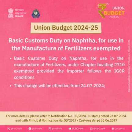 BCD on Naphtha, for use in manufacturer of fertilizers exempted
#UnionBudget2024  #BudgetForViksitBharat #Budget2024