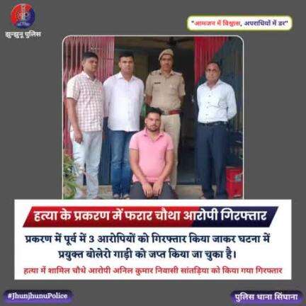 हत्या के प्रकरण में फरार चौथा आरोपी गिरफ्तार #JhunjhunuPolice #Singhana