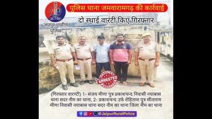 पुलिस थाना जमवारामगढ़ ने दो स्थाई #वारंटी संजय मीणा प्रकाशचन्द उर्फ रोहिताश मीणा को किया गिरफ्तार।