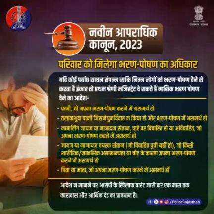 परिवार को मासिक गुजारा भत्ता प्राप्त करने का अधिकार देता है #नवीन_आपराधिक_कानून, 2023।
 
कोर्ट के आदेश की अनुपालना में विफल रहने पर व्यक्ति को दी जा सकती है कारावास और जुर्माने की सजा।