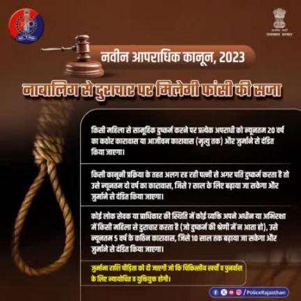 महिलाओं के सम्मान और न्याय के प्रति समर्पित है #नवीन_आपराधिक_कानून, 2023।

#भारतीय_न्याय_संहिता के अनुसार, नाबालिग से सामूहिक दुष्कर्म पर आजीवन कारावास या मृत्युदंड से किया जाएगा दंडित।