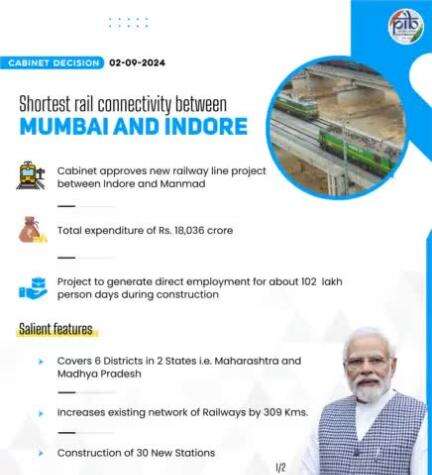 Cabinet approves a 309 Km long new line project: To provide the shortest rail connectivity between two major commercial hubs - Mumbai and Indore

#CabinetDecisions