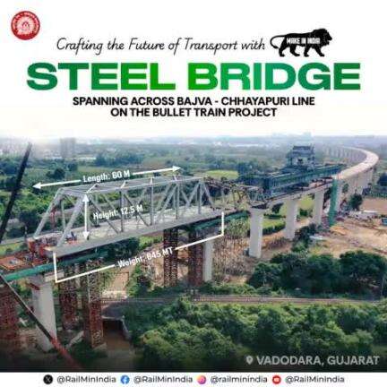 India’s #BulletTrain journey is taking shape as another steel bridge reaches completion across the Bajva-Chhayapuri line in Vadodara, Gujarat. 
#railminindia #narendramodi #mygovindia