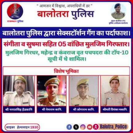 #Balotra: बालोतरा पुलिस द्वारा सेक्सटाॅर्शन गैंग का पर्दाफाश।

02 महिला मुलजिमा संगीता व सुषमा सहित 05 वांछित मुलजिम गिरफ्तार।