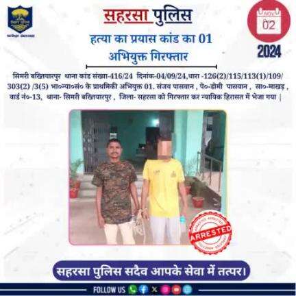 अभियुक्त गिरफ़्तार.....


Home Department, Govt. of Bihar 
#Saharsapolice
#HainTaiyaarHum