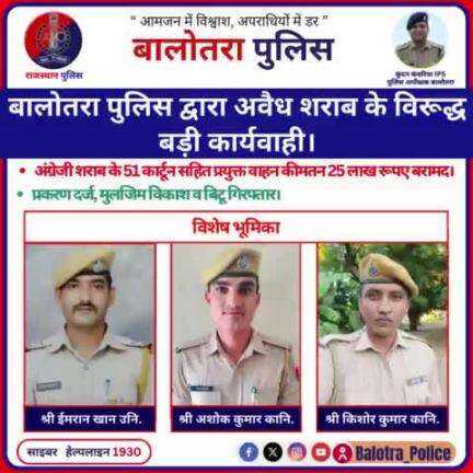 #Balotra: बालोतरा पुलिस द्वारा अवैध शराब के विरूद्ध बड़ी कार्यवाही।

अंग्रेजी शराब के 51 कार्टून सहित प्रयुक्त वाहन कीमतन 25 लाख रूपए बरामद।