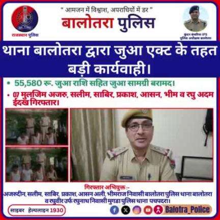 #Balotra: थाना बालोतरा द्वारा जुआ एक्ट के तहत बड़ी कार्यवाही।

55,580 रू. जुआ राशि सहित जुआ सामग्री बरामद।

07 मुलजिम अजरु, सलीम, साबिर, प्रकाश, आसन, भीम व