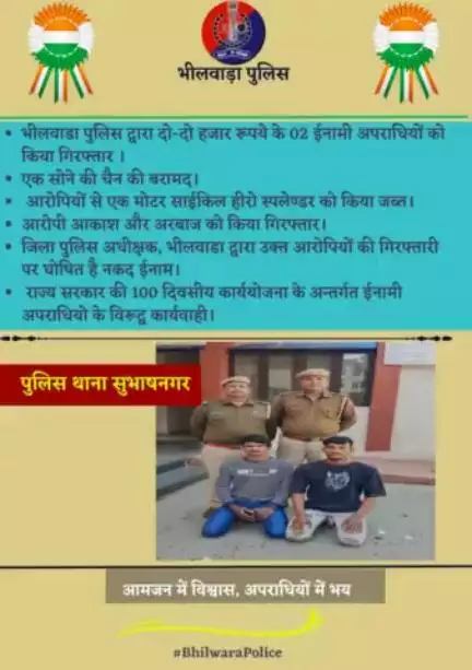 भीलवाडा पुलिस द्वारा दाे-दो हजार रूपये के 02 ईनामी अपराधियाें को किया गिरफ्तार । 
#BhilwaraPolice #RajasthanPolice