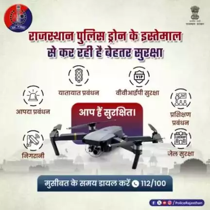 #राजस्थान_पुलिस नई तकनीक के साथ कर रही है अपराधियों पर निगरानी।

#Drones हैं हमारी सुरक्षा के नए साथी।

सभी जिलों के पुलिस बल को प्रशिक्षित किया जा चुका हैं।